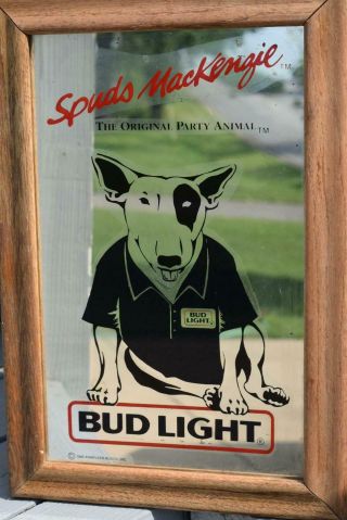 Spuds Mackenzie Mirror Bar Sign Budweiser Bud Light 1986 Anheuser Busch 18 X 12