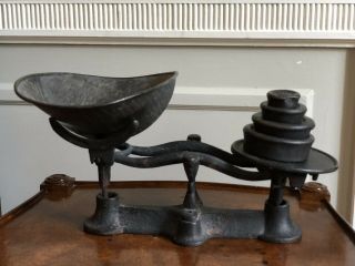 Antique Black Cast Iron Candy Store Scale W/ 4 Weights