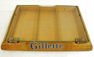 Vtg Very Early Gillette Razor Blade Table Top Wooden Display Case W/ Glass Lid