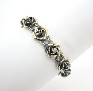 8400 - Art Nouveau Vintage Taxco 3d Rose Link Sterling Silver Bracelet