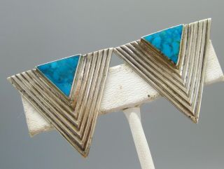Vintage Navajo Indian Sterling Silver Blue Turquoise Pierced Triangle Earrings