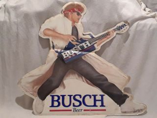 Vintage Tin Metal Busch Beer Sign Bar Man Playing Guitar Base Cave Anheuser 1989
