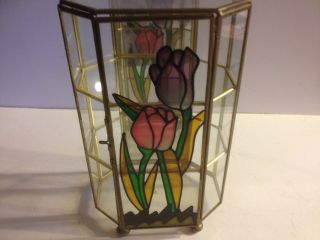 Octagon Shaped Glass,  Brass & Mirror Miniature Curio Display