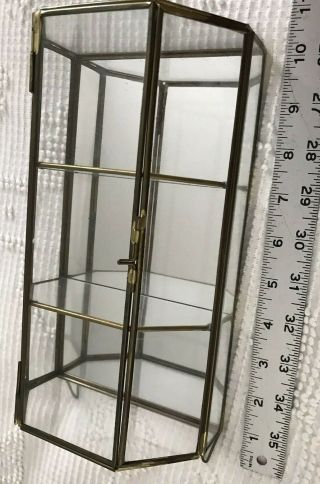 9.  5 " Vtg Brass Curio Glass Shelf Hexagonal Wall Or Table Top Cabinet Display