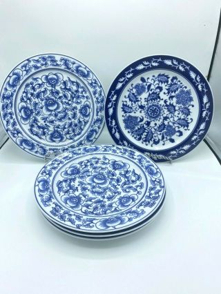 Vintage Bombay China 11 " Dinner Plates Cobalt Blue & White Floral Set Of 5