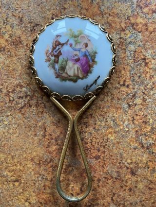 Vintage 1950’s Hand Painted Small Pocket Or Purse Mirror By Limoges