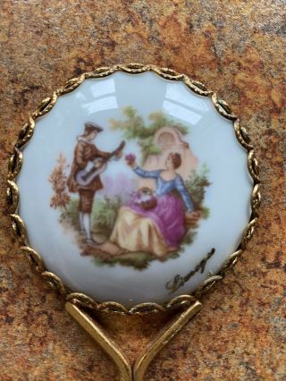 Vintage 1950’s Hand Painted Small Pocket or Purse Mirror By Limoges 2