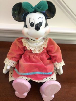 Vintage Disney Minnie Mouse Wind Up Musical Doll Porcelain Head Hands Feet 9 "