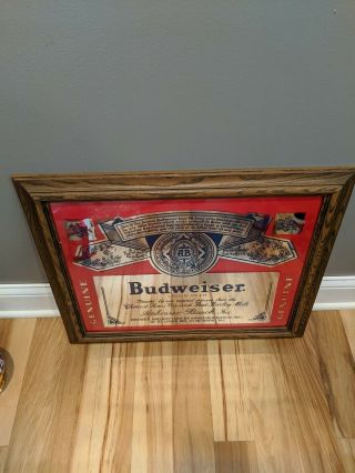 Vintage Budweiser Beer Anheuser Busch Mirrored Wood Frame Picture Bar Sign 24x20