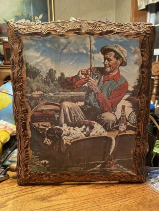 Vintage J.  F Kernan Man Fishing With Dog And A Falstaff Beer Mounted On Plywood