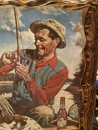 Vintage J.  F Kernan Man Fishing with Dog and a Falstaff Beer Mounted on Plywood 3