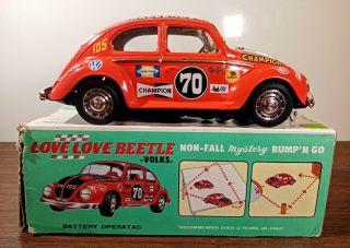 Vintage 1960s Taiyo Volkswagen Beetle Vw Bug Tin Bump N Go Toy With Box