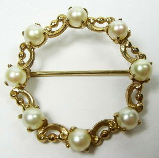 Vintage 10k Yellow Gold Circle Pearl Brooch Pin Signed Esemco Jewelry 4.  8 Grams