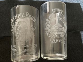 Olympia Beer Pre - Pro Etched Glass 1900s Olympia Washington Mt.  Hood Brewing