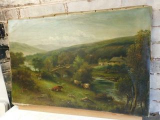 Really Old Painting Oil On Canvas Cattle Landscape Signed