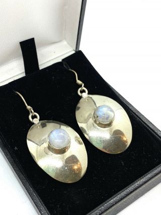 Vintage Large Modernist Abstract Sterling Silver & Moonstone Dangle Earrings
