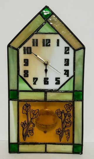 Vintage Stained Glass Roses Paint Pendulum Wall Clock 15.  5 " Tall