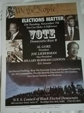 2000 Gore Lieberman Hillary Clinton For Senate York Black Democrats Poster