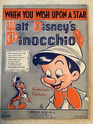 1940 Vintage When You Wish Upon A Star,  Walt Disney’s Pinocchio Sheet Music