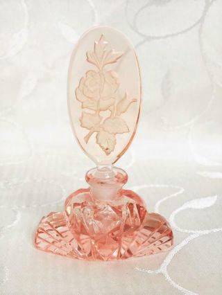 Reserved Czech Pink Cut Glass Perfume Scent Bottle Intaglio Roses Stopper C1930