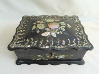 Antique Papier Mache Box With Mother Of Pearl Inlay - Victorian 19th Century
