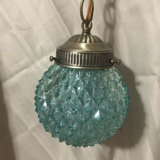 Vintage Mid Century Teal Round Cut Glass And Brass Swag Hanging Chain Lamp