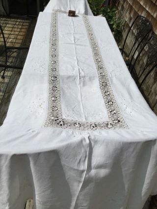 Gorgeous Vintage Hand Embroidered Needle Lace Linen Banquet 70 X140” Tablecloth
