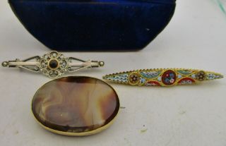 A Group Of " 3 " Silver Brooches.  Eg: C19th Scottish Agate; Micro Mosaic & Another