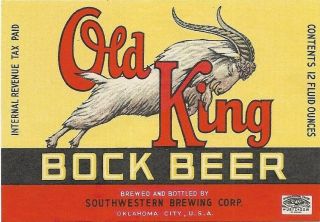 Old King Bock Beer Label,  Irtp,  Southwestern Brewing Corp. ,  Oklahoma City,  Ok