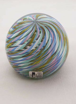 Vintage Murano Fratelli Toso Latticino Ribbon Art Glass Paperweight With Label