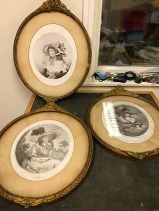 Three Antique Pictures/prints Of Portrait In Oval Frames Vintage