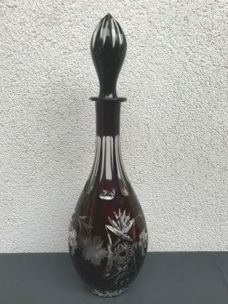 Vintage Nachtmann Decanter With Stopper Cranberry Cut Crystal 15,  7 "