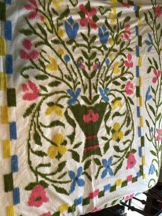 Vintage Fringed Chenille Blue Pink Yellow Green Floral Flower Bedspread 116x102