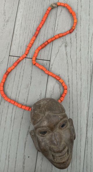Vintage African Art Wood Carved Face Pendant And Orange Coral Necklace