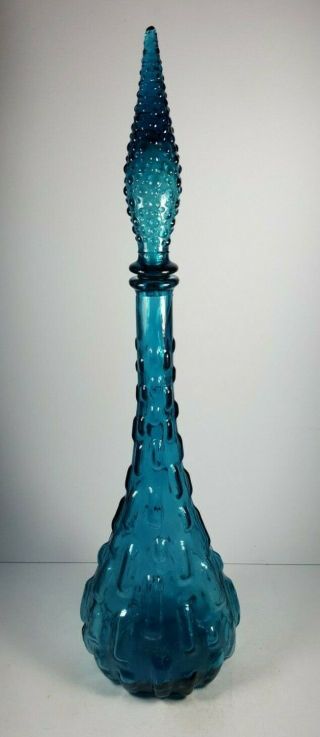 Retro Vintage Italian Empoli Blue Glass Genie Bottle & Stopper 22 " Tall