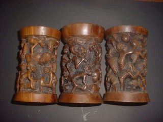 African Human Carved Hardwood Tree Of Life Candle Holders