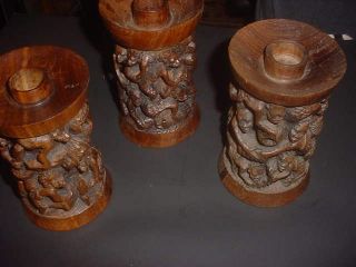 AFRICAN HUMAN CARVED HARDWOOD TREE OF LIFE CANDLE HOLDERS 3
