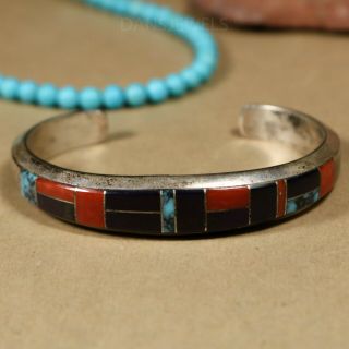 Vintage Navajo Handmade Turquoise Lapis Coral Inlay Sterling Bracelet By Muskett