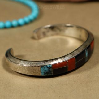 Vintage Navajo handmade Turquoise LAPIS Coral INLAY Sterling Bracelet by MUSKETT 2