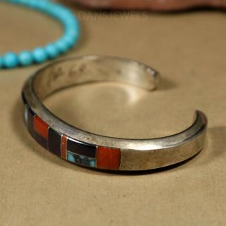 Vintage Navajo handmade Turquoise LAPIS Coral INLAY Sterling Bracelet by MUSKETT 3