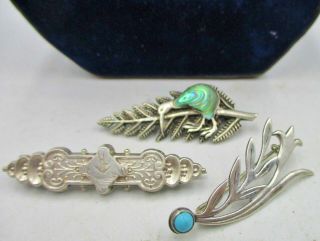 A Group Of " 3 " Silver Brooches.  Eg: Zealand Interest & Turquoise Example Etc