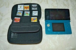 Vintage Nintendo 3ds Blue With 8 Games & Case Mario Vs Donkey Kong