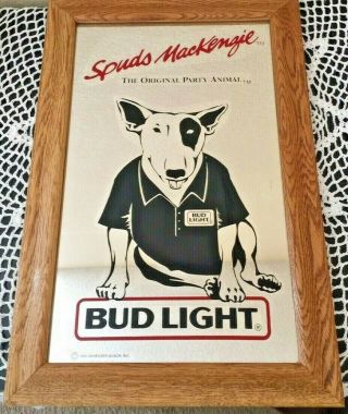 Vintage 1986 Spuds Mackenzie Party Animal Bud Light Mirror With Wood Frame Busch