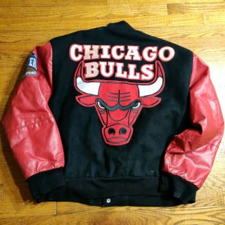 Vtg 90s Chicago Bulls Nba Letterman Wool Leather Jacket J.  H.  Design Large Usa