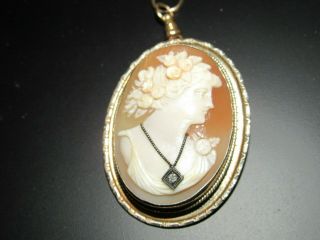 Gorgeous Vintage 14k Yellow Gold Diamond Necklace Carved Cameo Brooch