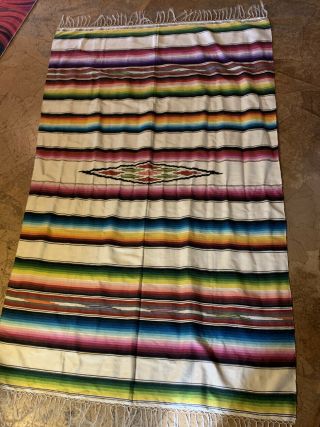 Huge Vintage Mexican Saltillo Serape Wool Blanket Bedspread Rug 50” X 84”,  Fringe