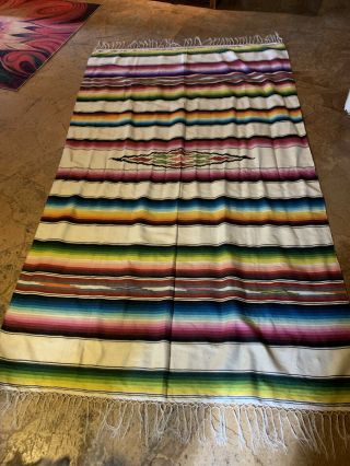 HUGE Vintage Mexican Saltillo Serape Wool Blanket Bedspread Rug 50” X 84”,  fringe 2