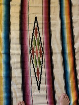 HUGE Vintage Mexican Saltillo Serape Wool Blanket Bedspread Rug 50” X 84”,  fringe 3