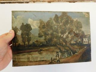 Really Old Painting Antique Oil On Canvas Village Pond