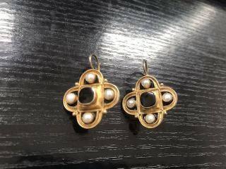 Vintage Pearl And Black Onyx Cross Earrings Gold Drop Leverback
